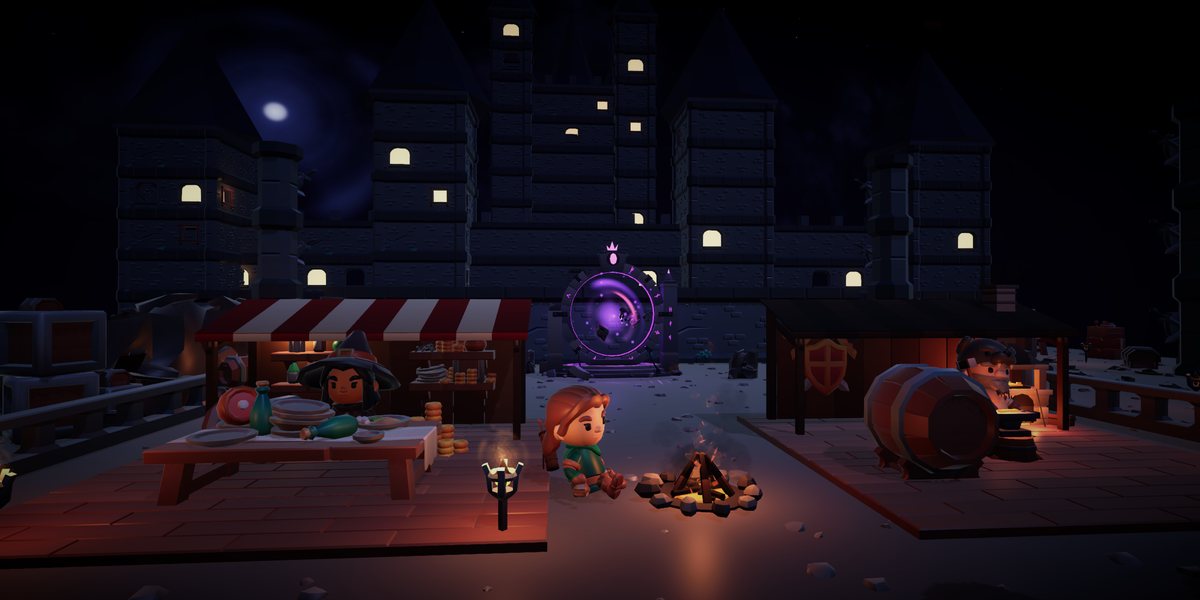 A cidade do Ashen Grid à noite, com o portal da fenda